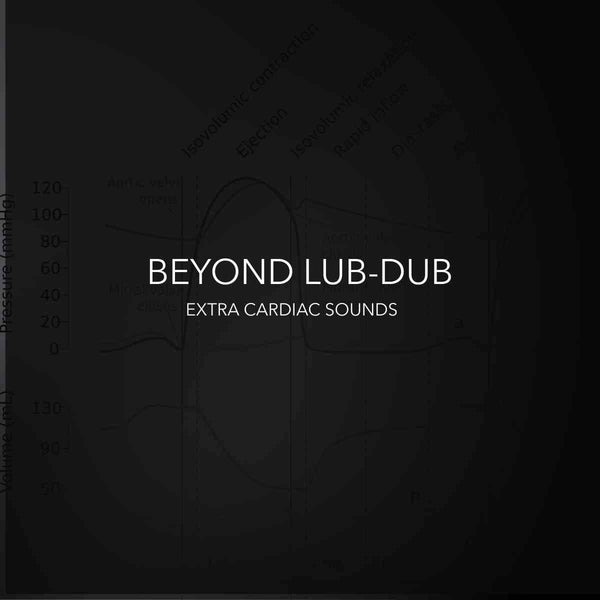 Black background with text 'Beyond Lub-Dub Extra Cardiac Sounds', faint heart diagram