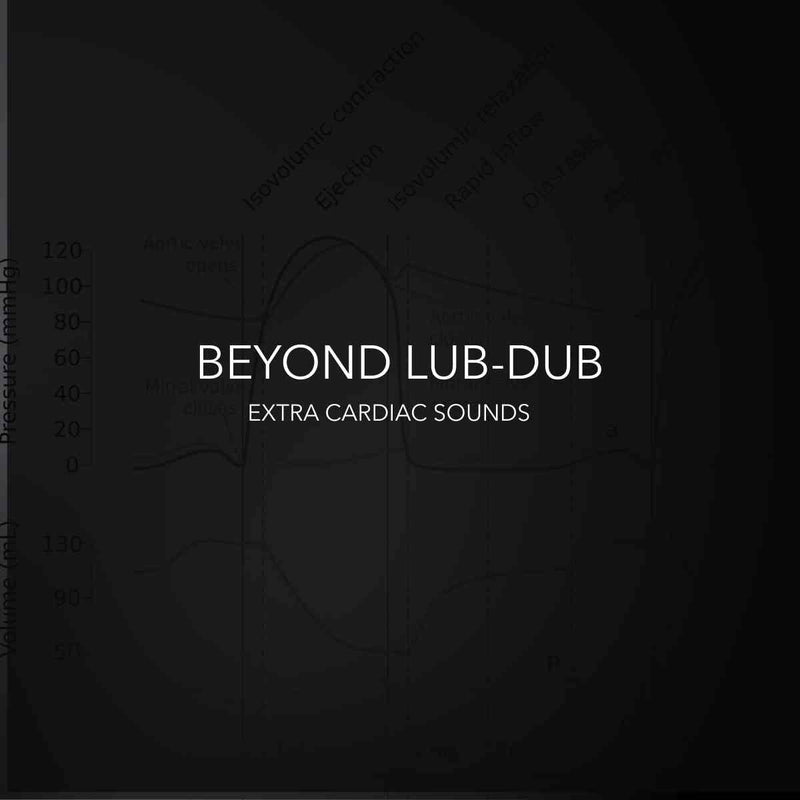 Black background with text 'Beyond Lub-Dub Extra Cardiac Sounds', faint heart diagram
