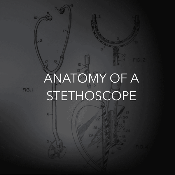 Anatomy of a stethoscope diagram with labeled parts and technical drawings, medical illustration