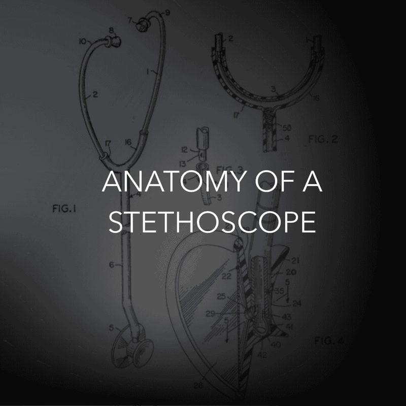 Anatomy of a stethoscope diagram with labeled parts and technical drawings, medical illustration