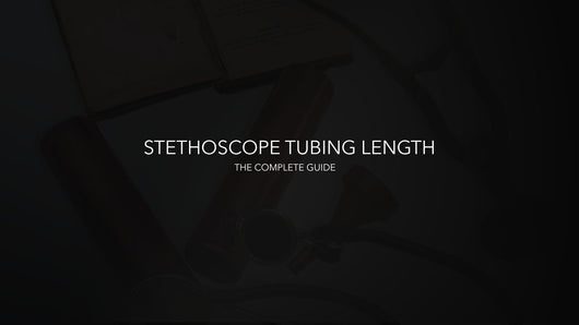 Stethoscope tubing length guide title slide with medical tools faintly visible in background