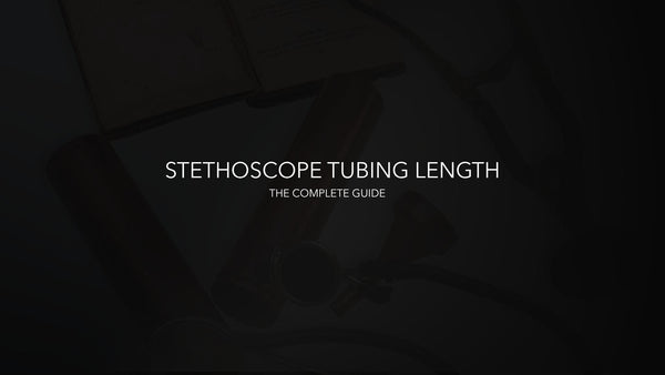 Stethoscope tubing length guide title slide with medical tools faintly visible in background