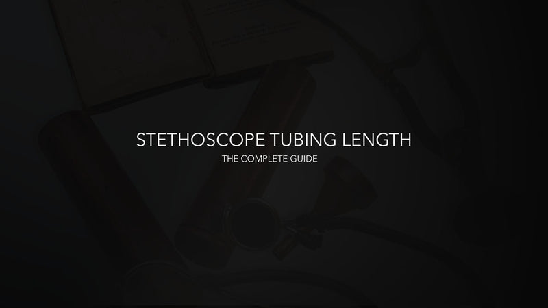 Stethoscope tubing length guide title slide with medical tools faintly visible in background
