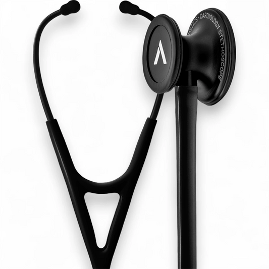 Black cardiology stethoscope with dual head on white background, medical equipment