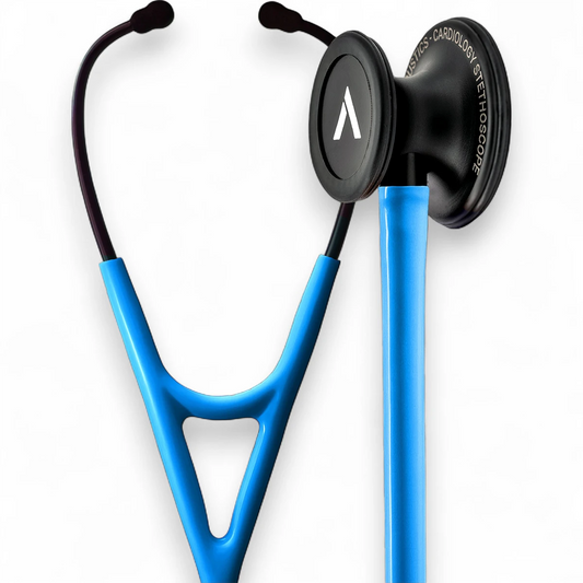 Blue cardiology stethoscope with black chestpiece on white background