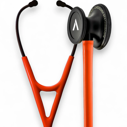 Orange cardiology stethoscope with black chestpiece on white background