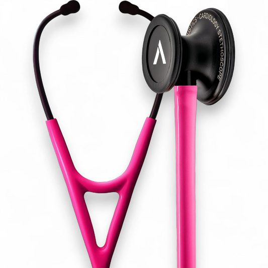 Pink cardiology stethoscope with black chestpiece on white background