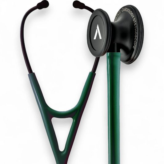 Teal cardiology stethoscope with black chestpiece on white background